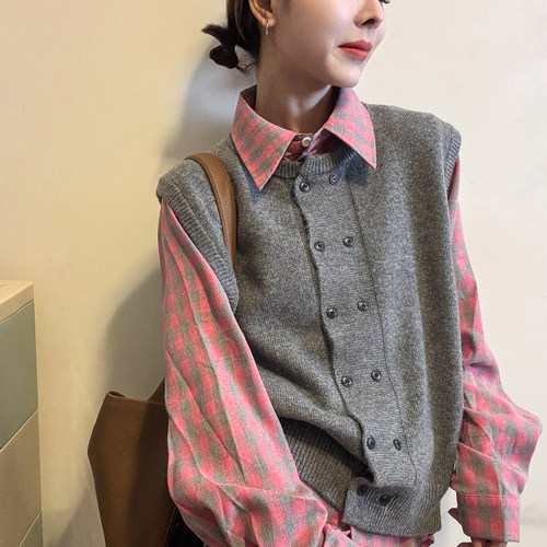 双排扣羊毛针织衫马甲两件套上衣