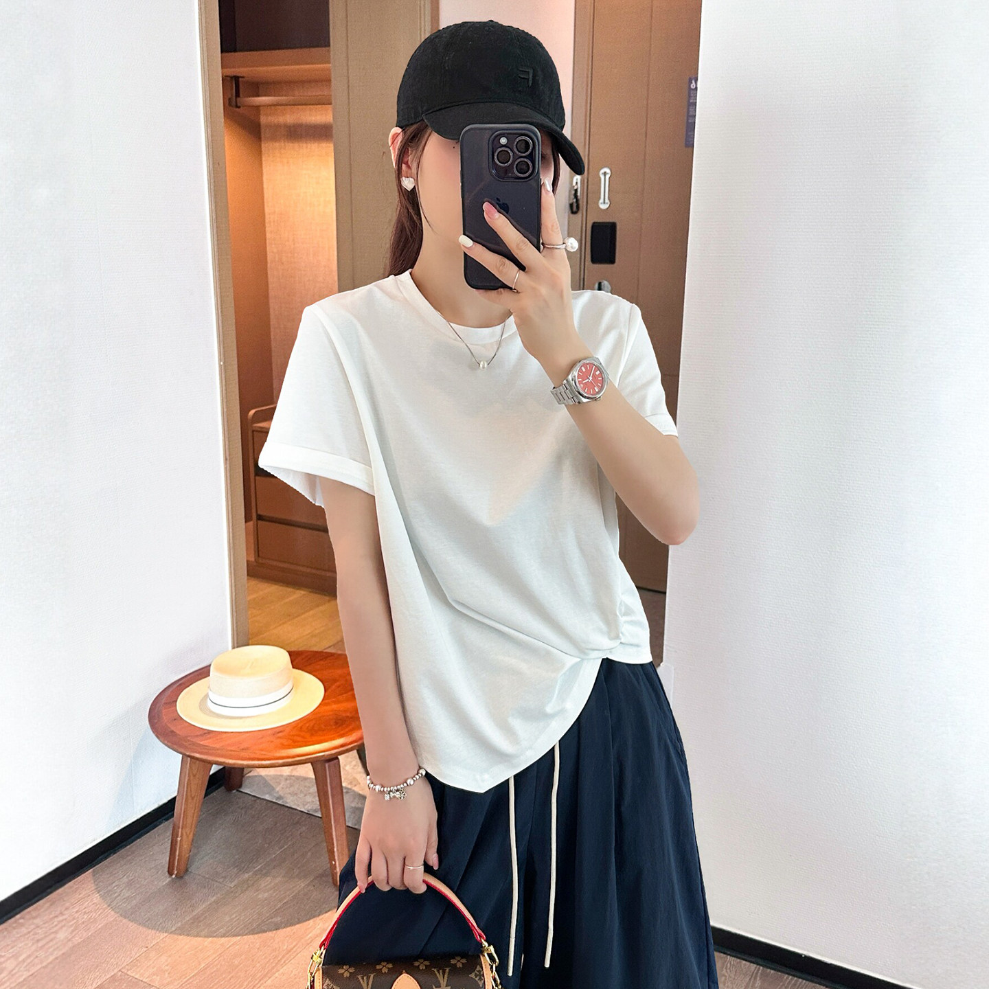 侧边褶皱修身短袖T恤女欧货打底