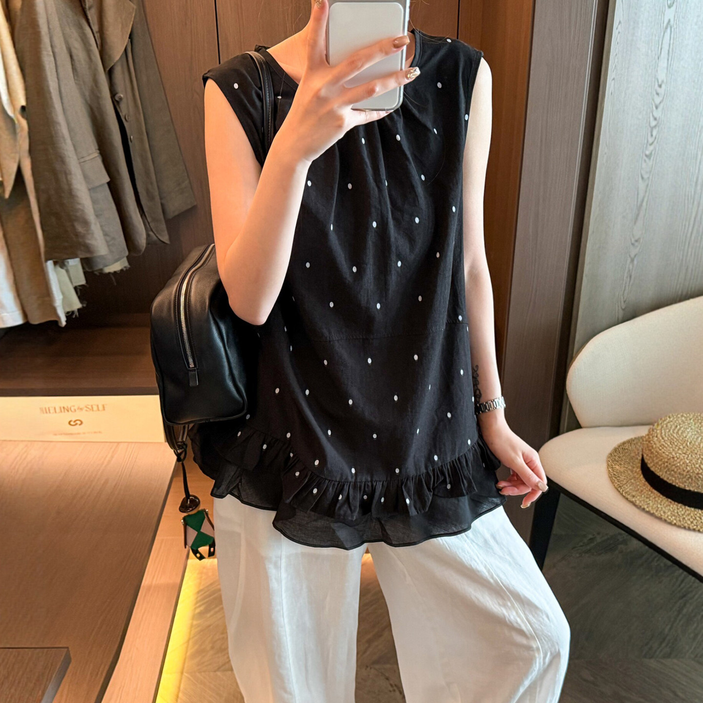 木耳花边波点无袖衬衫女欧货上衣