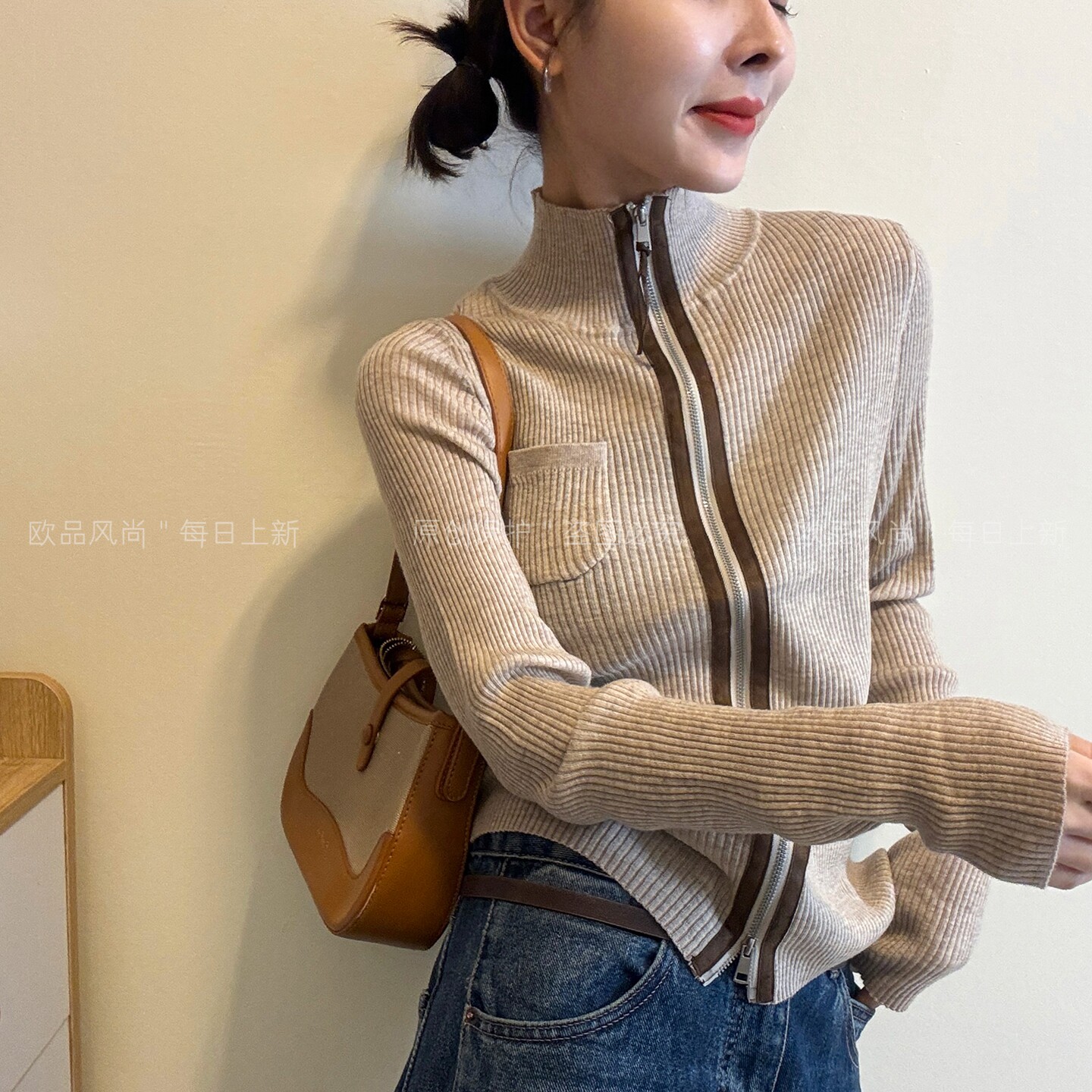 条纹高领绵羊毛针织开衫女欧洲站