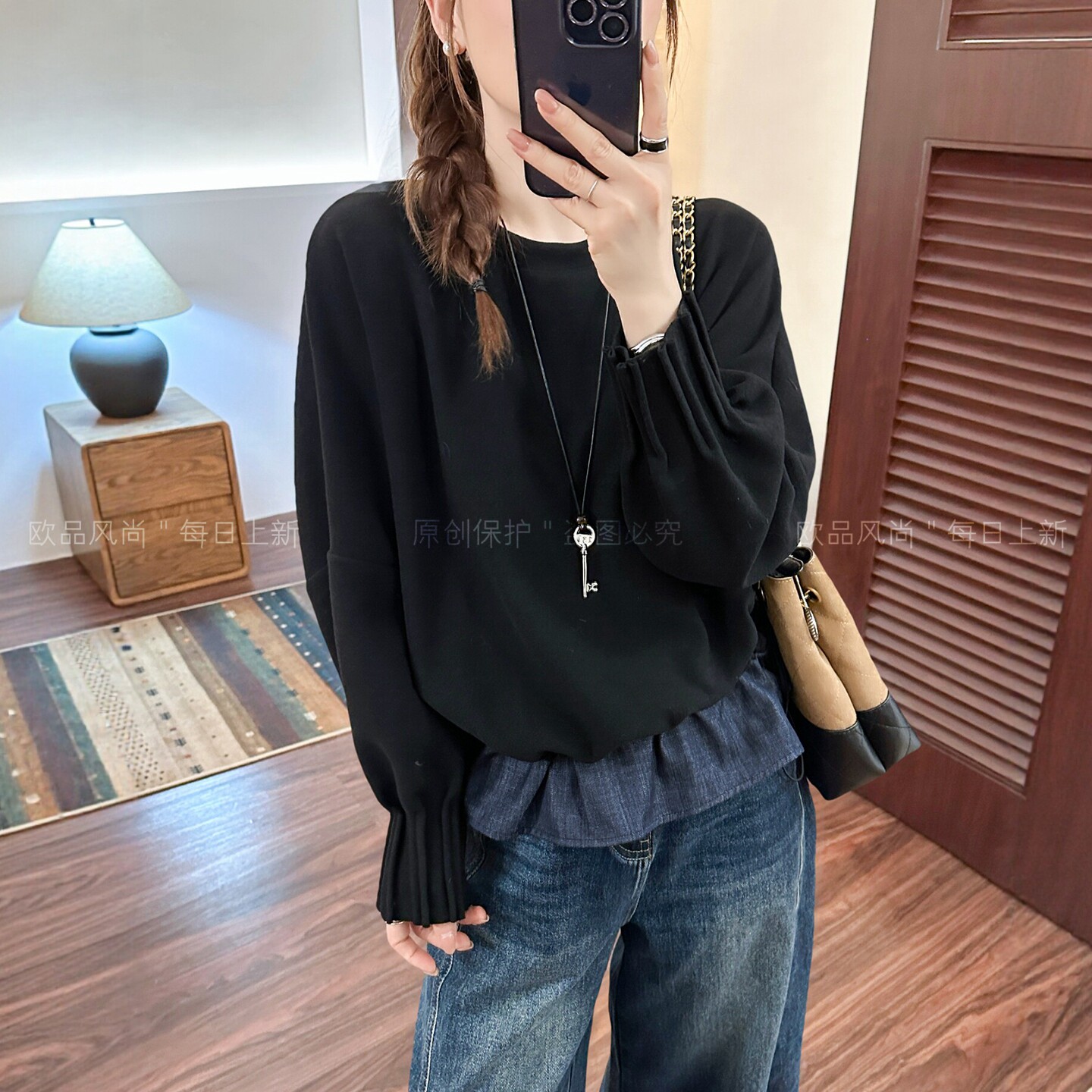 假两件牛仔拼接德绒卫衣女欧洲站