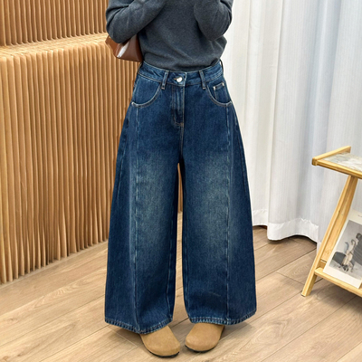 复古做旧加绒阔腿牛仔裤女欧洲站