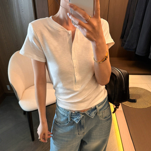 剪刀领纽扣正肩短袖T恤女欧洲站2026春装新款欧货女装打底小衫潮