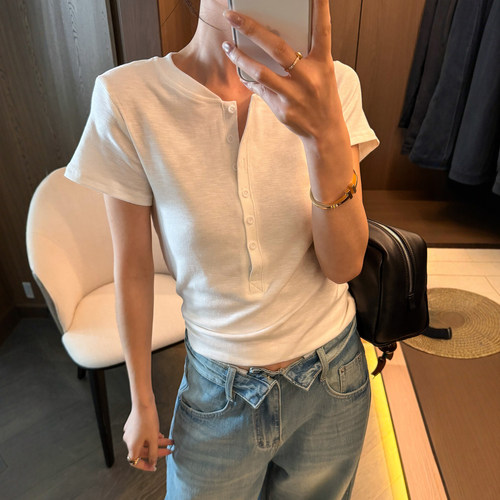 剪刀领纽扣正肩短袖T恤女欧洲站