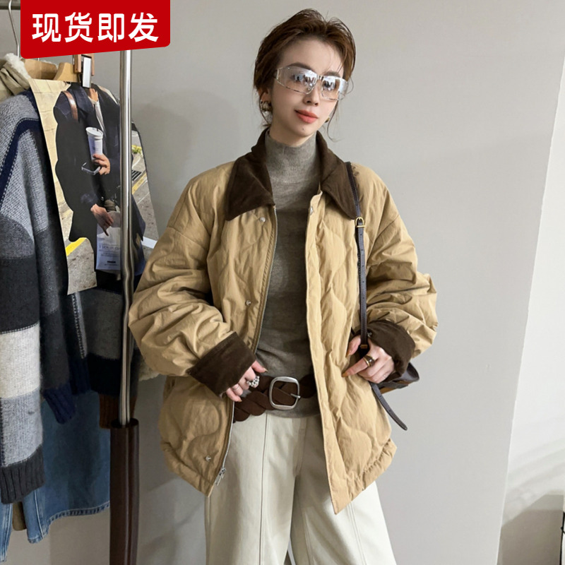 菱形格翻领羽绒服外套女欧货上衣