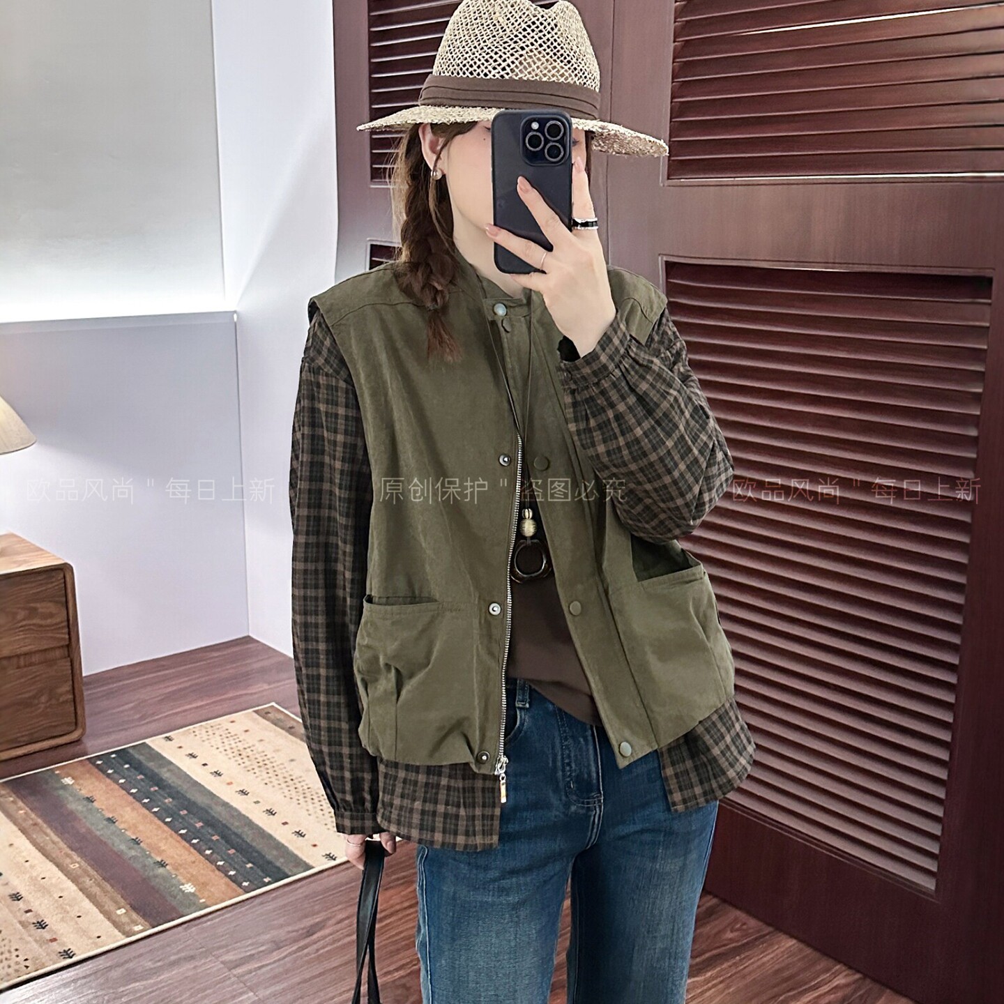 假两件格子衬衫棒球服外套欧洲站