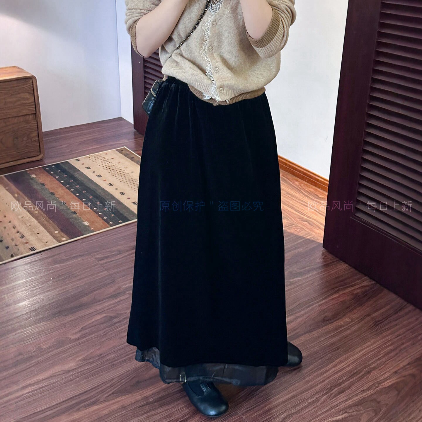 假两件金丝绒A字半身裙女欧洲站