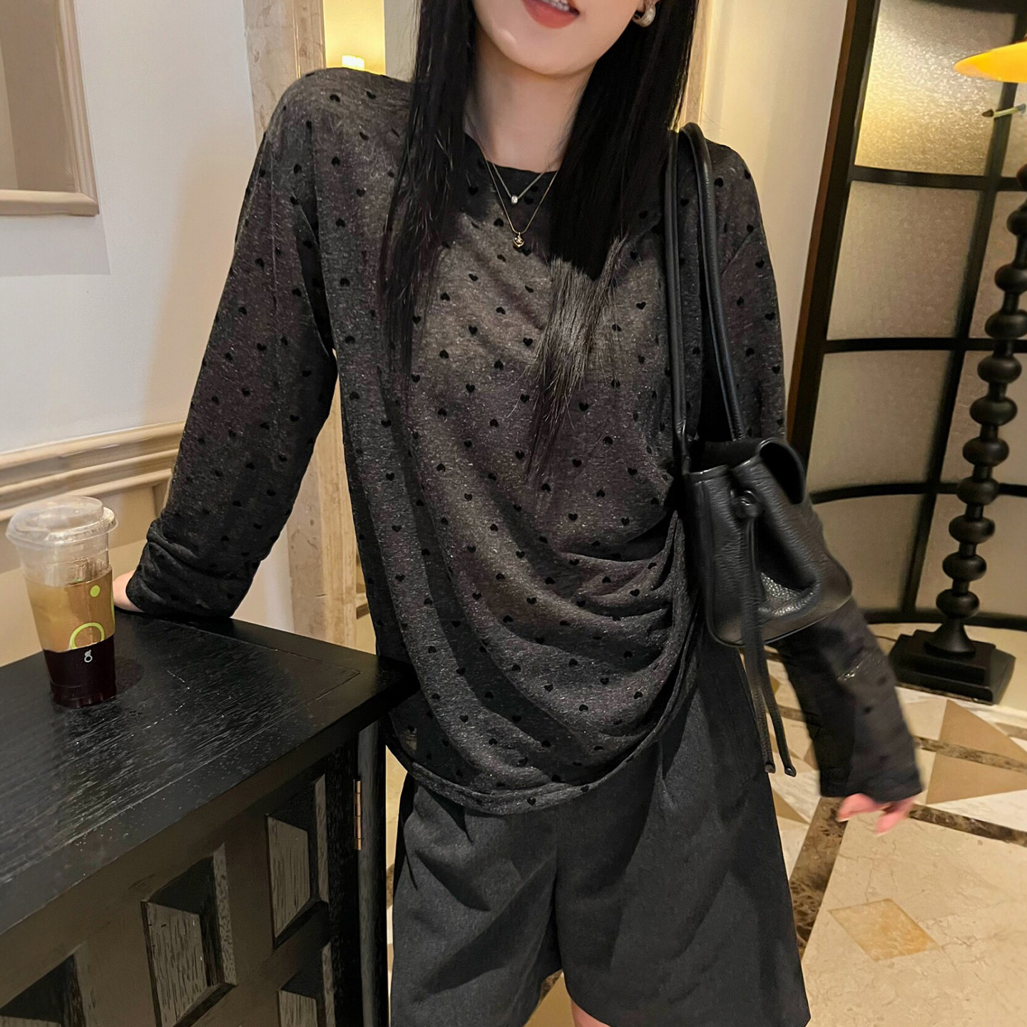 爱心印花面膜长袖T恤女欧货上衣