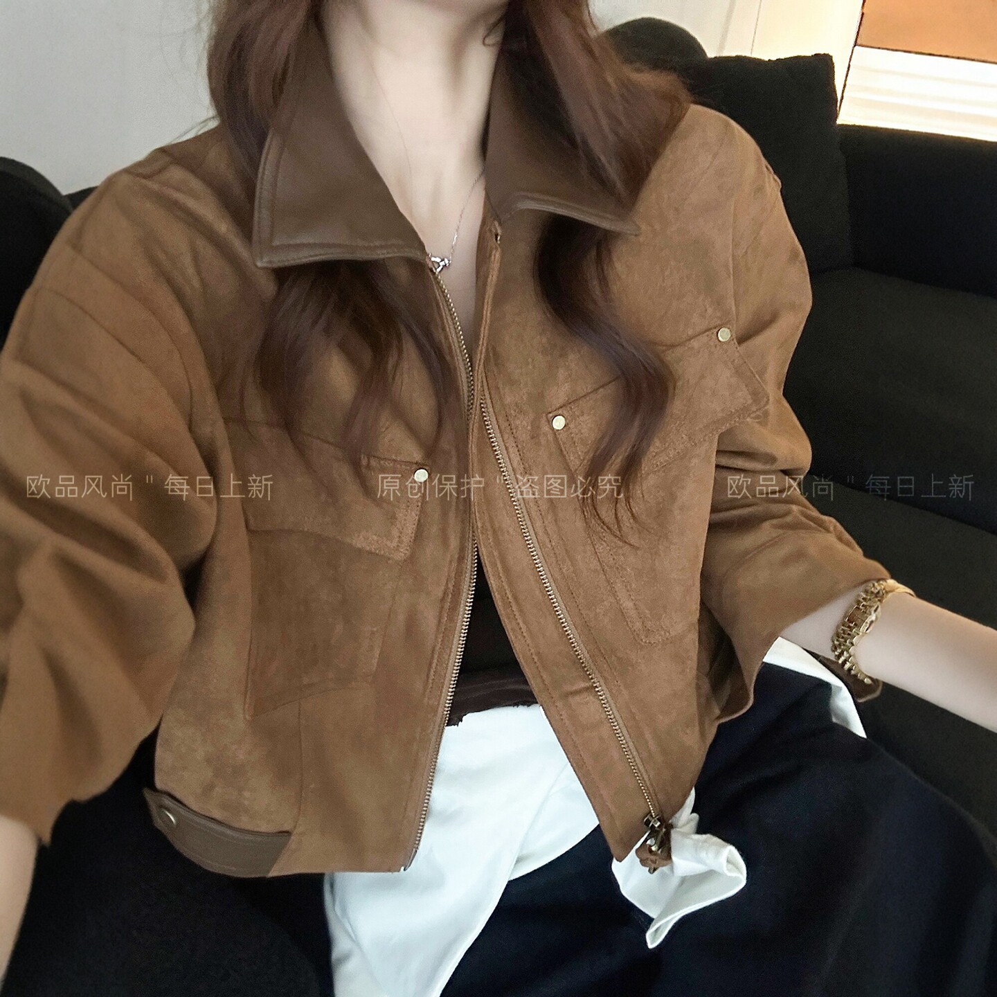 复古拼皮翻领麂皮绒外套女欧洲站