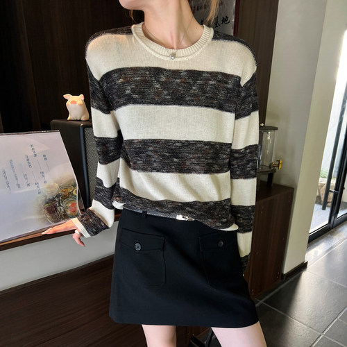 撞色条纹羊毛针织衫女欧洲站上衣