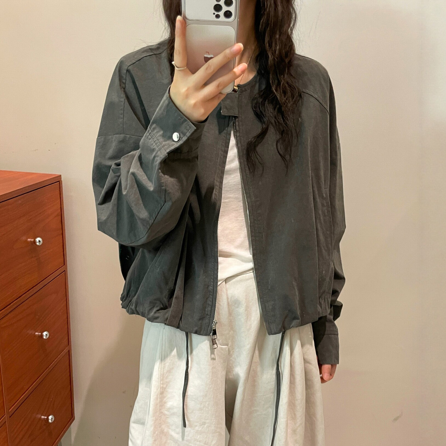 下摆抽绳圆领棒球服外套女欧洲站