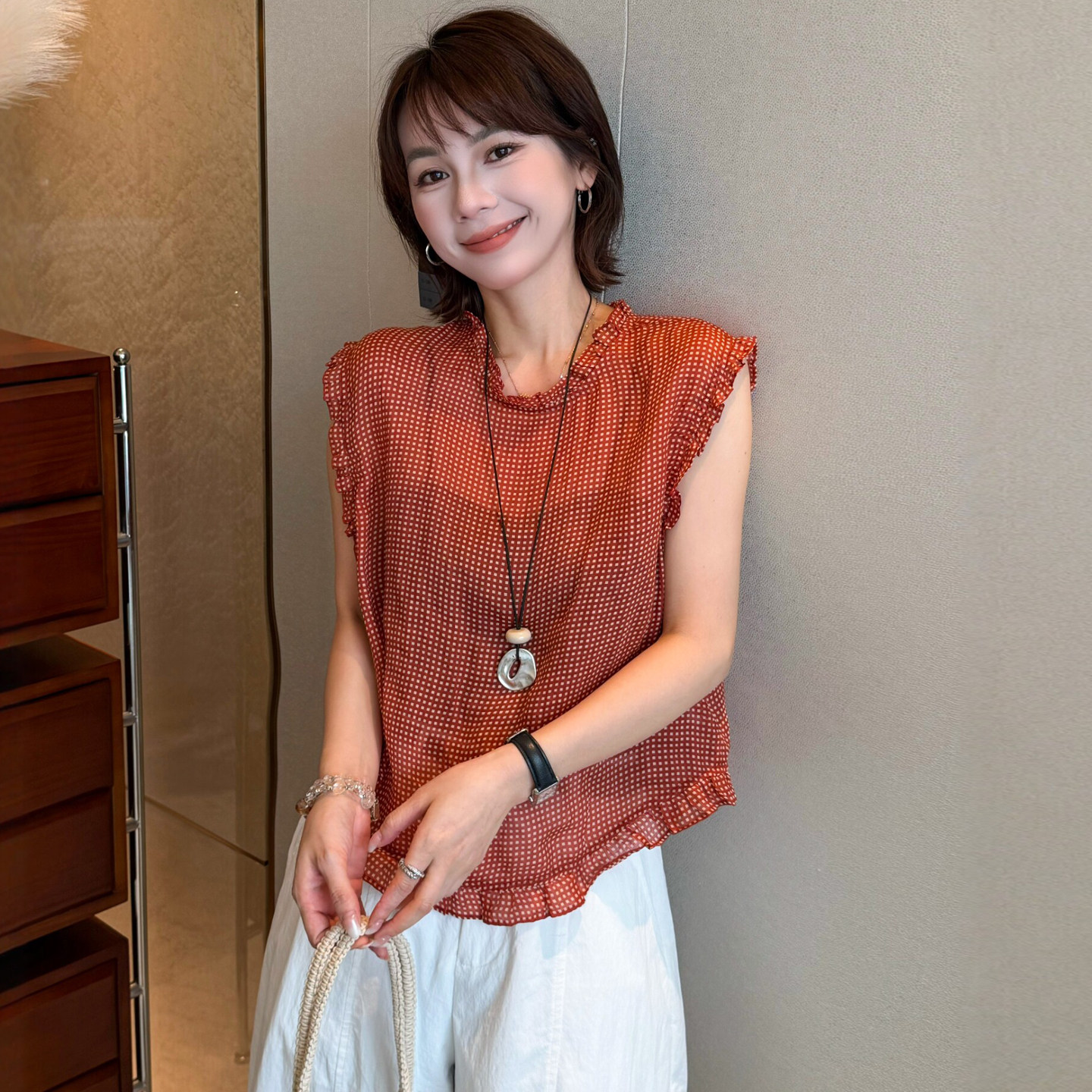 100%苎麻格子木耳边衬衫女欧洲站
