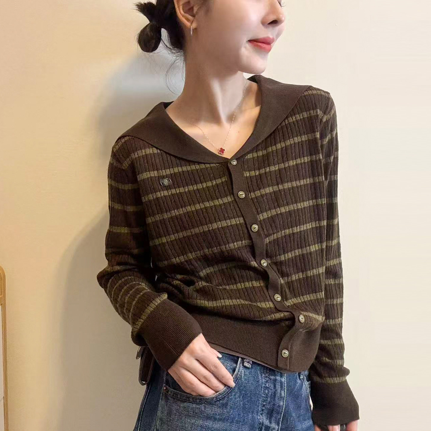 青果领条纹羊毛针织开衫女欧洲站