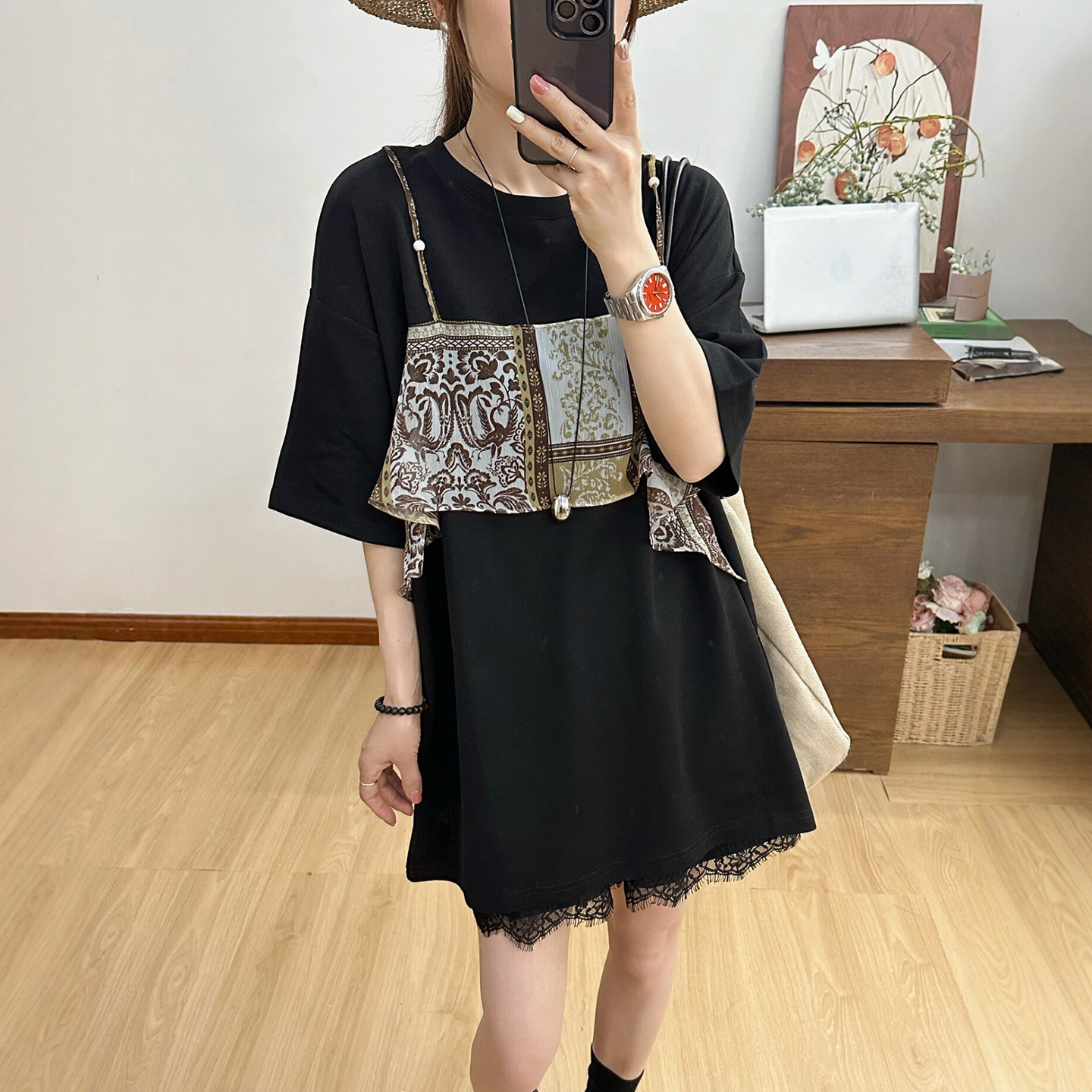 假两件拼接大版T恤女欧洲站上衣