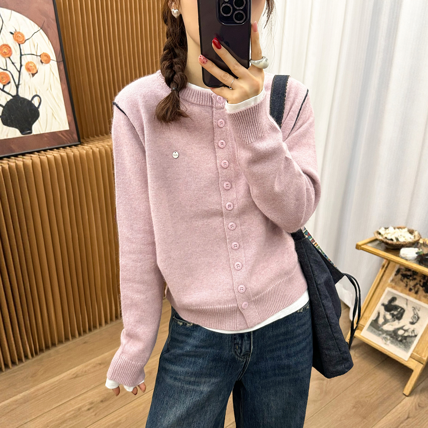 贝壳扣细羊毛针织开衫女欧货上衣