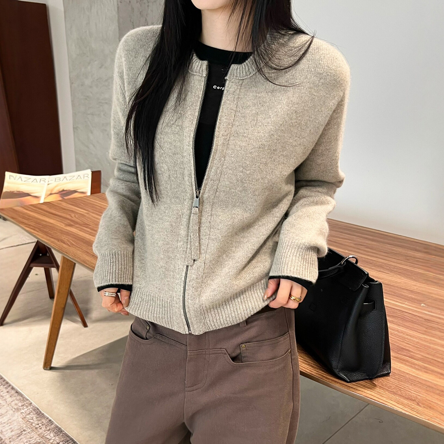 复古拉链羊绒针织开衫女欧货外套