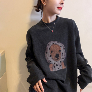 小狗印花磨毛加绒T恤女欧洲站2025冬装新款欧货女装加厚打底衫潮