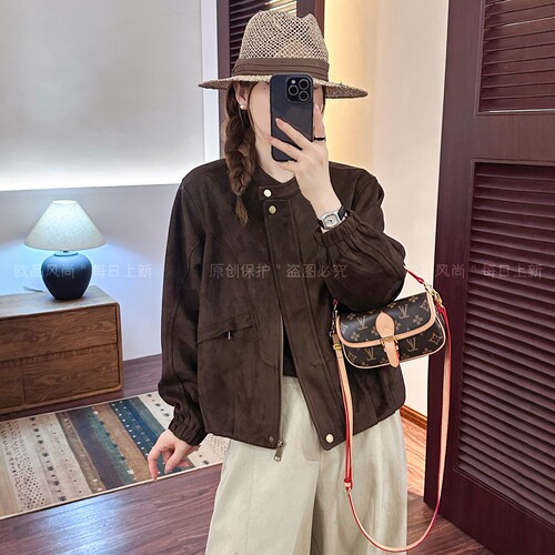 复古立领麂皮绒棒球服外套女欧货