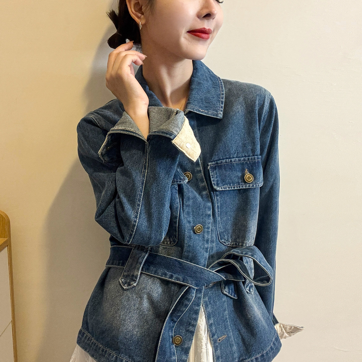 复古收腰翻领牛仔外套女欧货上衣