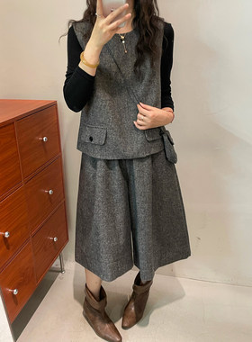 小香风西装马甲阔腿中裤两件套装