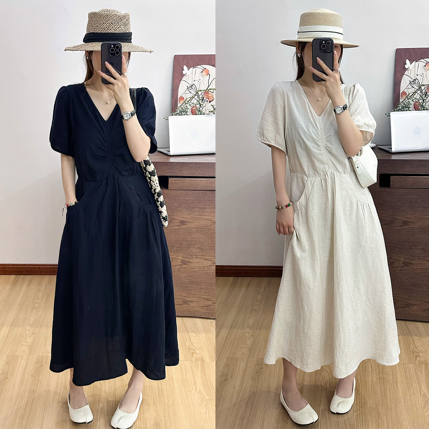 泡泡袖V领棉麻连衣裙女欧洲站2026夏装新款欧货女装时尚A字裙子潮