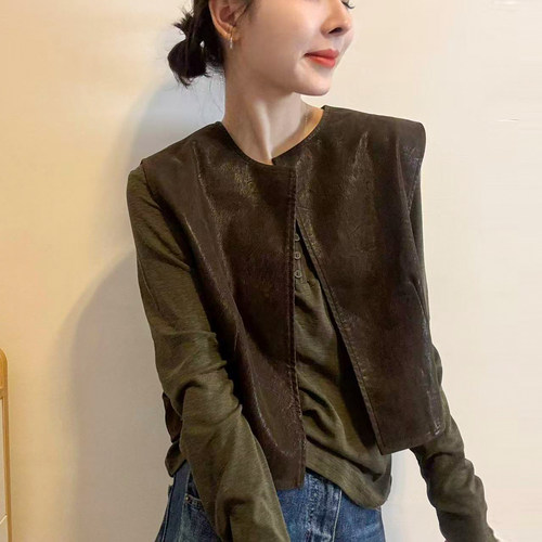 复古蛋白皮PU皮衣马甲外套女欧货