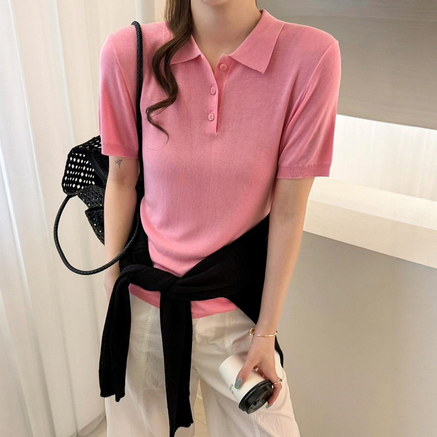 POLO领泡泡袖冰丝针织衫女欧洲站