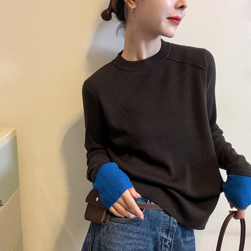 袖口拼色细羊毛针织衫女欧货打底