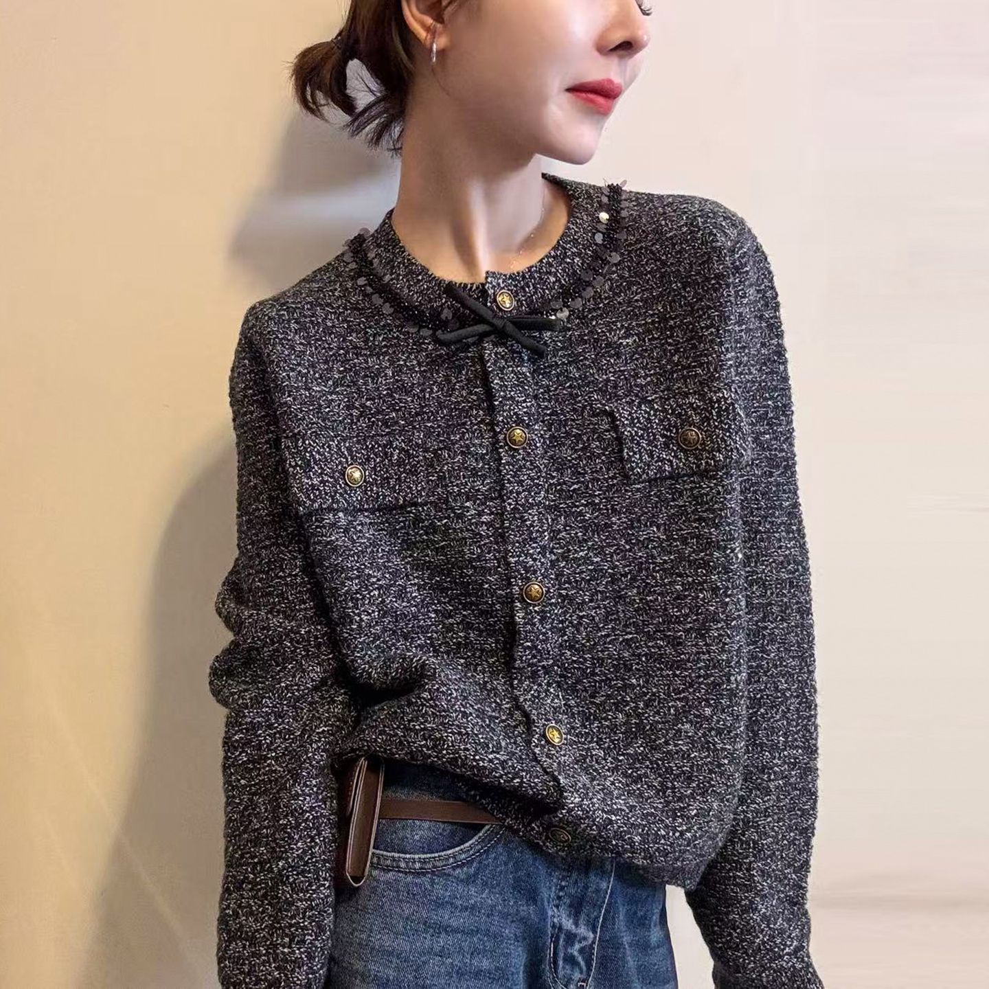 小香风亮片山羊绒针织开衫女欧货