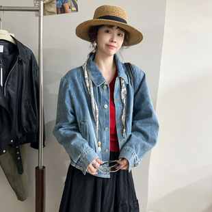 配丝巾翻领牛仔外套女欧洲站2026春装新款欧货女装时尚短款上衣潮