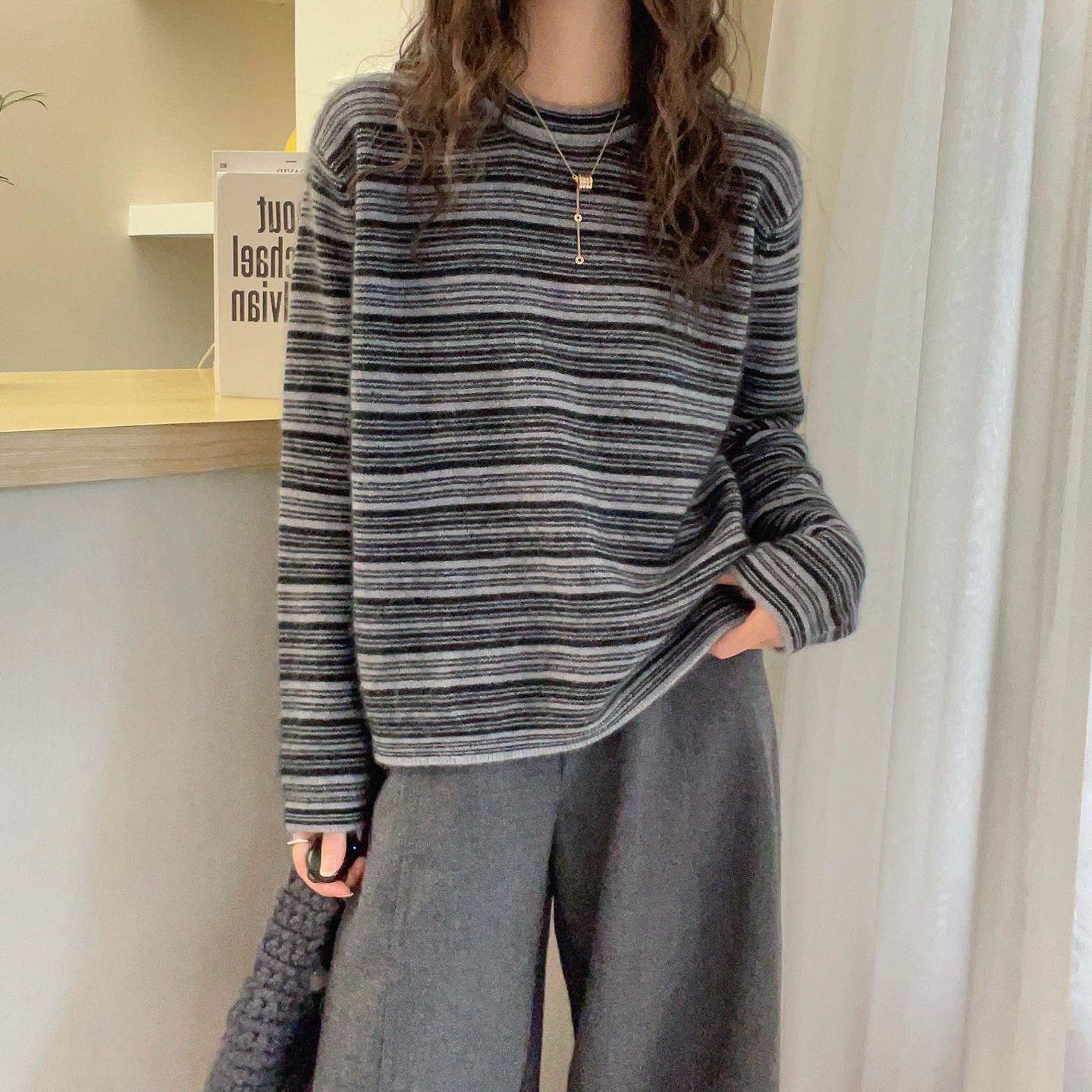 撞色条纹羊绒针织衫女欧洲站上衣