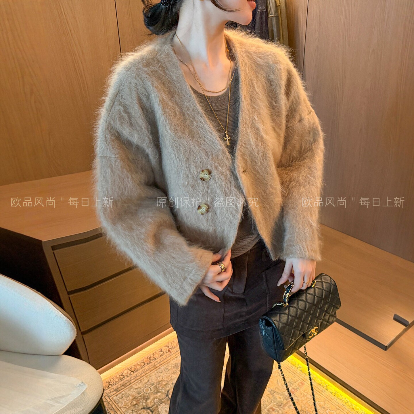复古V领拉绒羊毛皮草外套女欧货