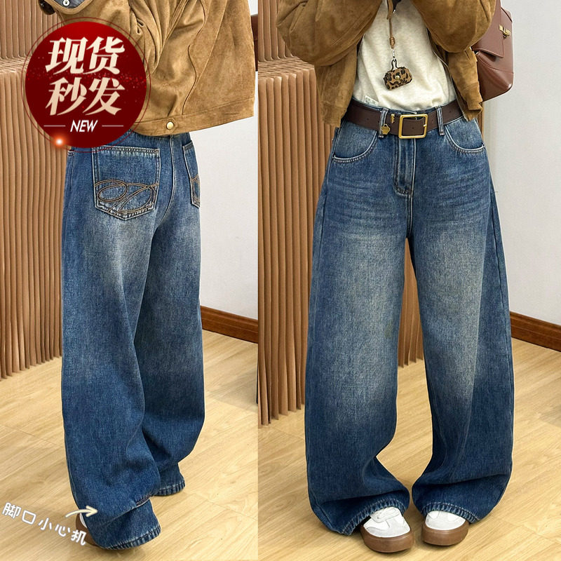 复古做旧弯刀加绒牛仔裤女欧洲站2025冬装新款欧货女装阔腿裤子潮