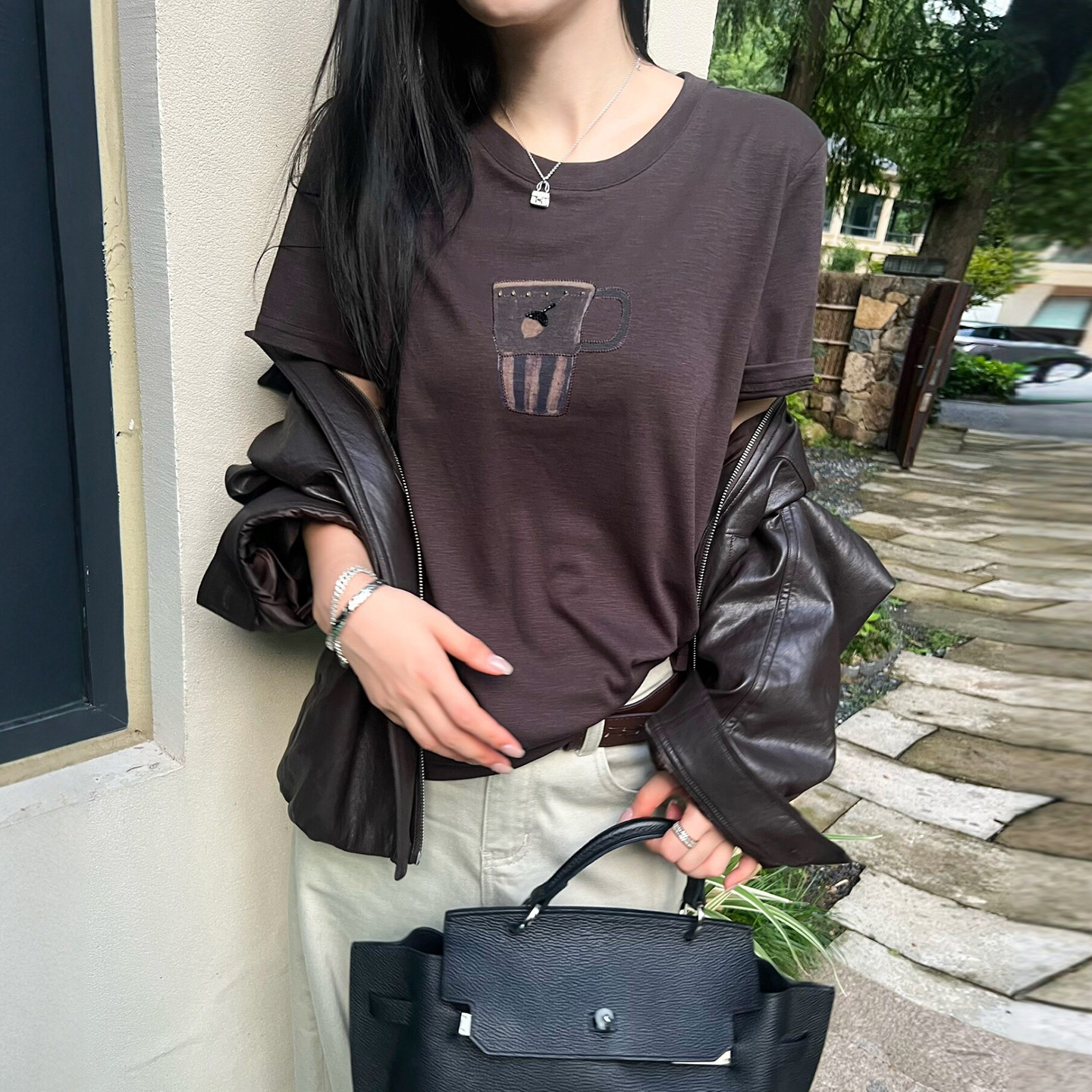 茶杯印花修身短袖T恤女欧货上衣
