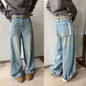 女欧洲站2025冬装 新款 欧货女装 复古做旧加绒阔腿牛仔裤 拖地裤 子潮