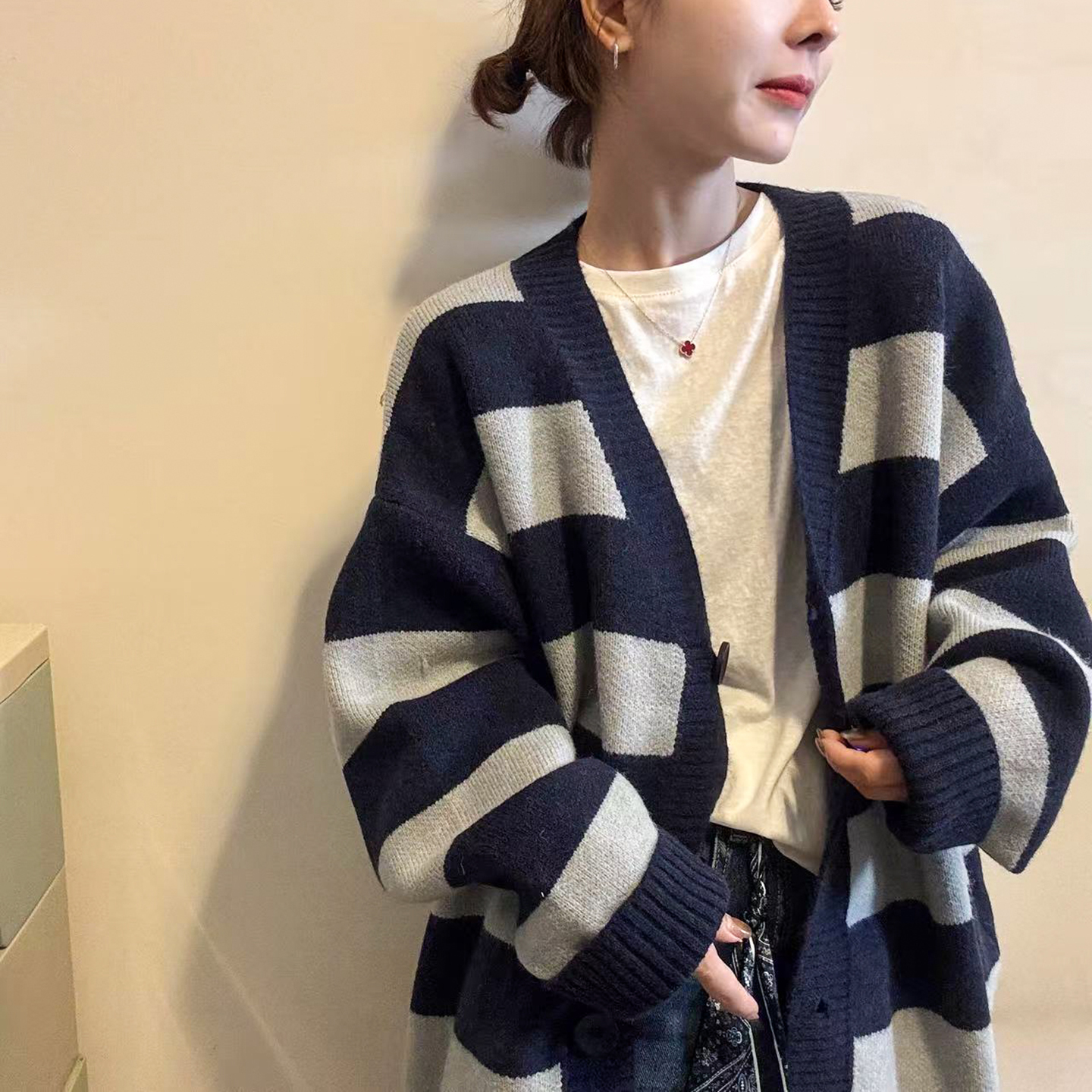 撞色条纹羊毛针织开衫女欧货外套