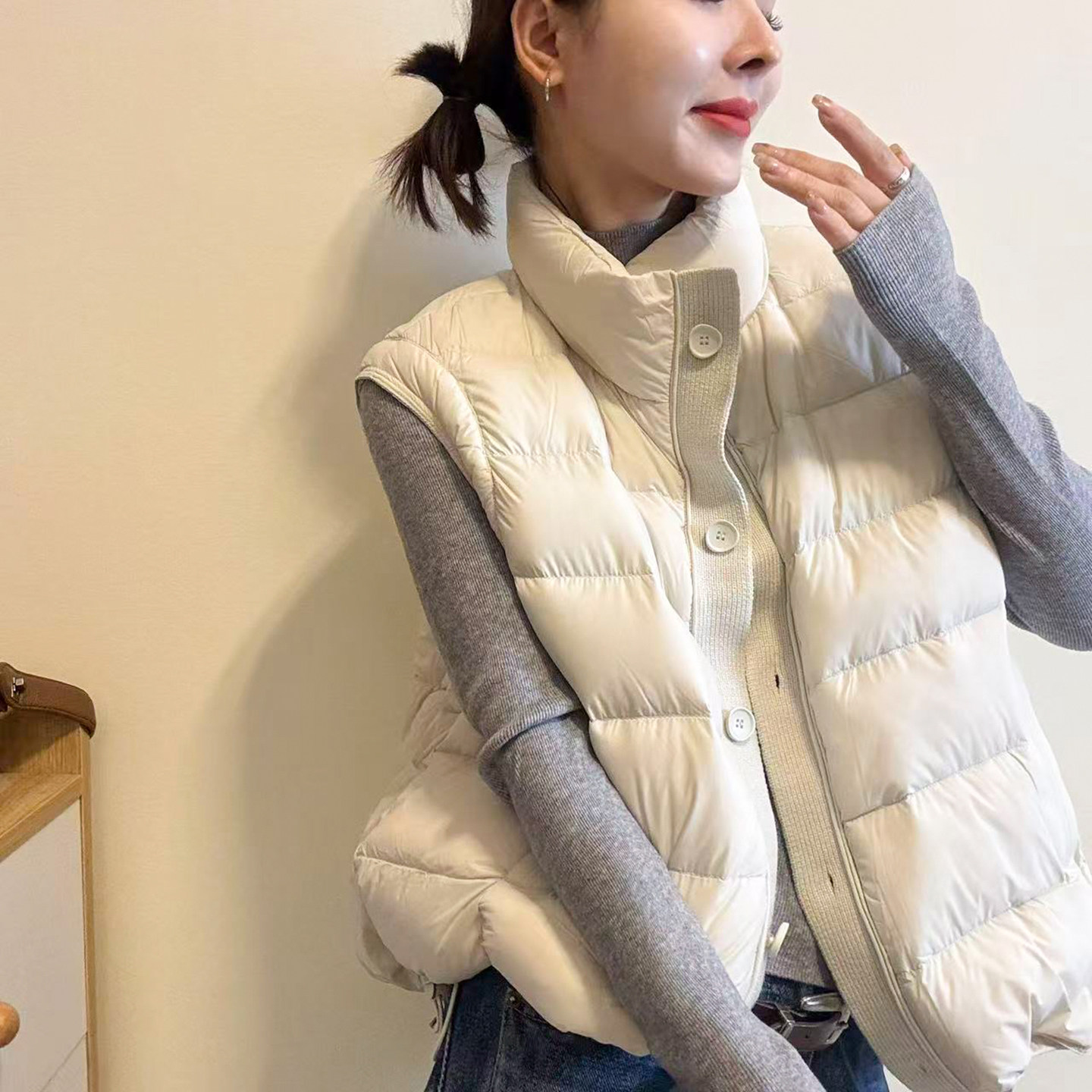 复古立领白鸭绒羽绒马甲女欧洲站