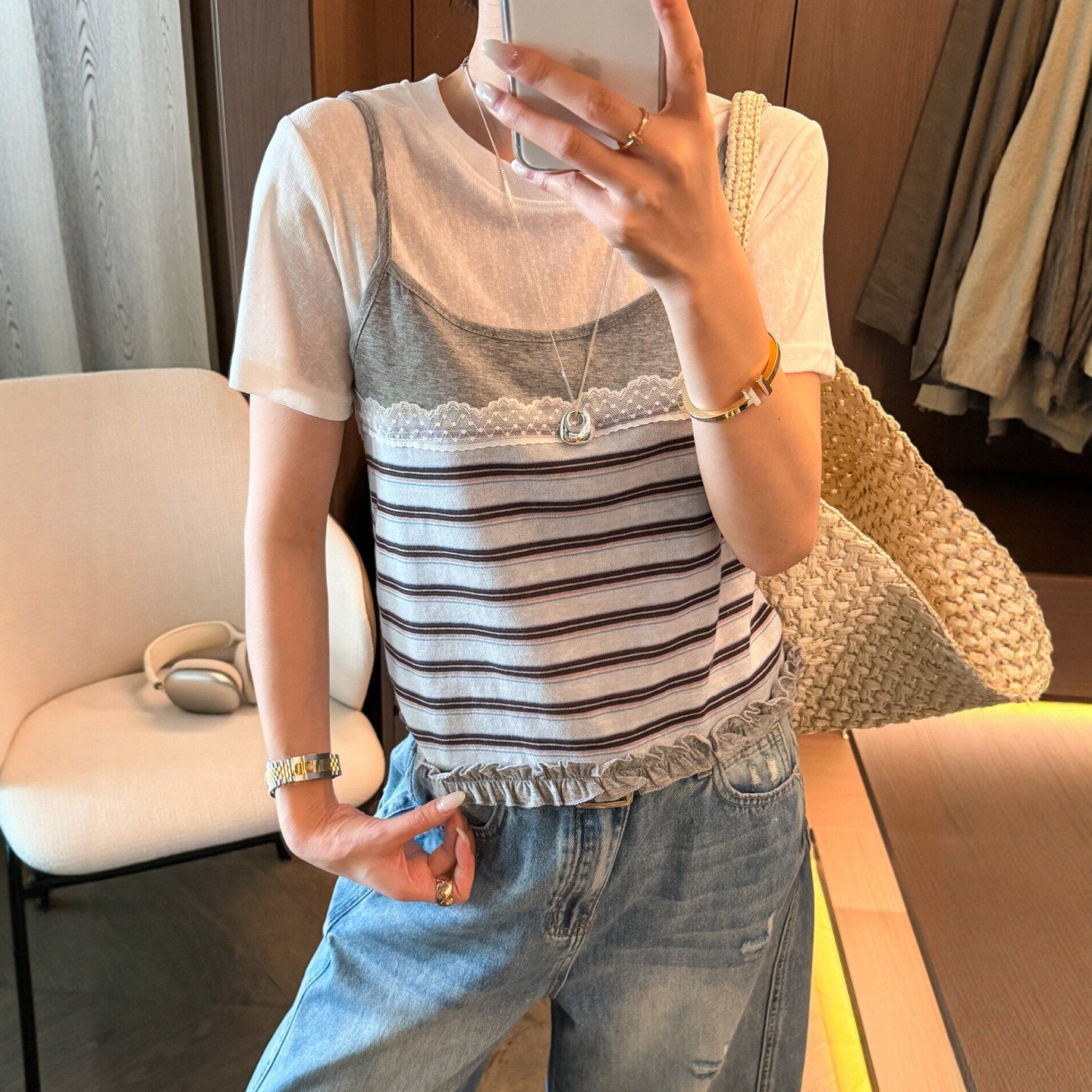 莱赛尔假两件条纹短袖T恤女欧货