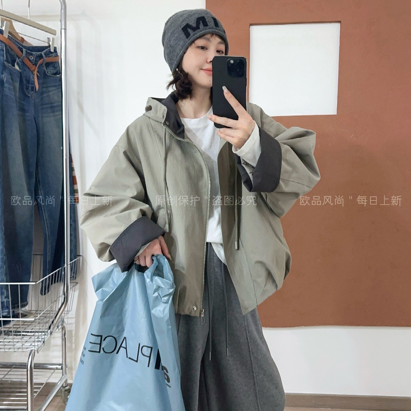抽绳连帽加棉冲锋衣外套女欧洲站