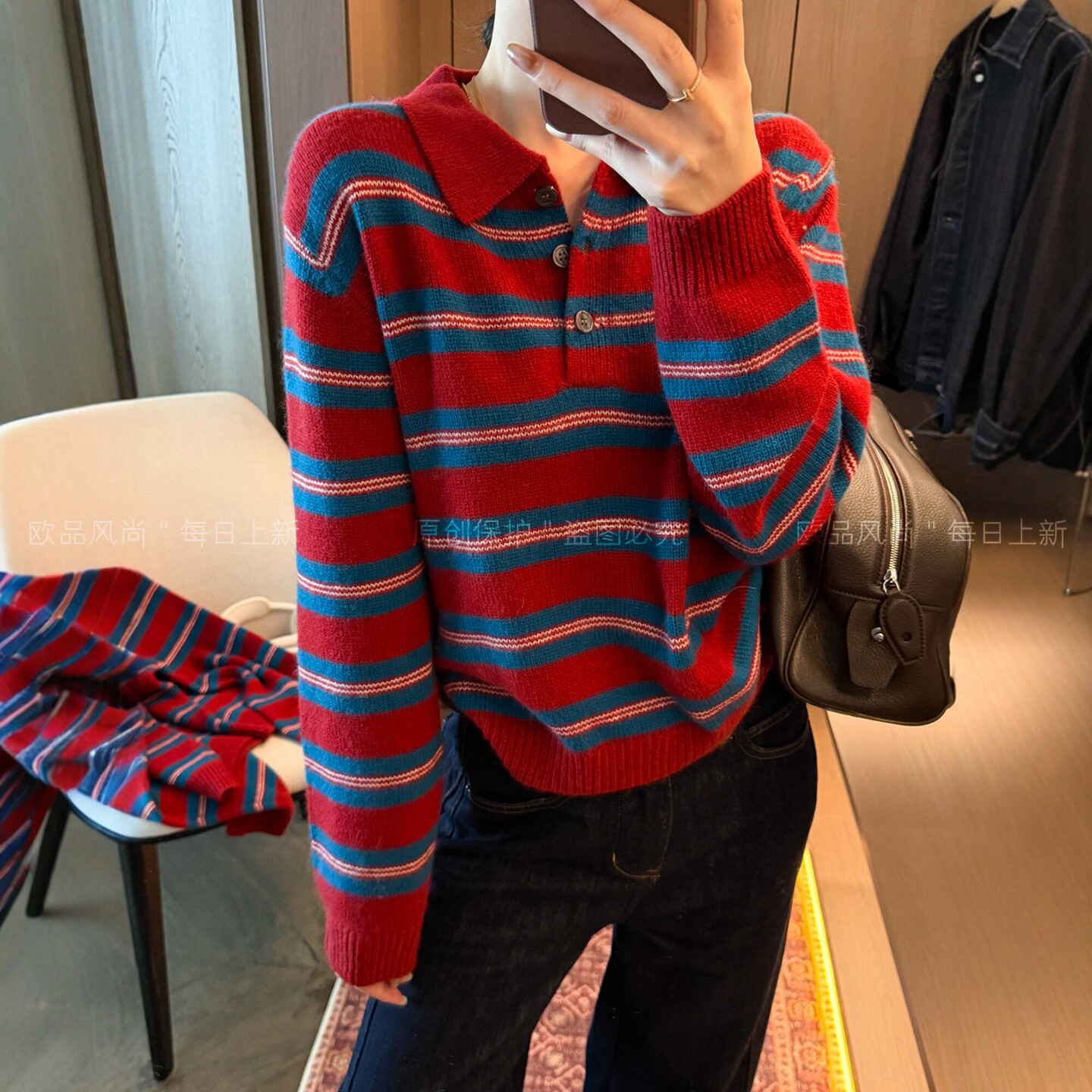 POLO领条纹绵羊毛针织衫女欧洲站