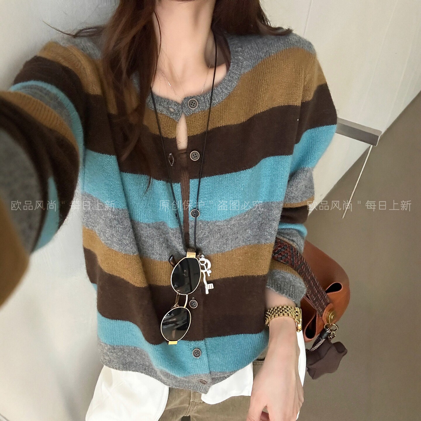 复古条纹羊毛针织开衫女欧货外套