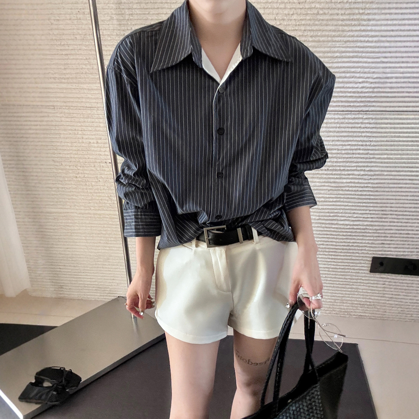 竖条纹衬衫西装短裤休闲两件套装女欧洲站2025夏装新款欧货女装潮