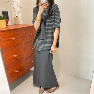 配披肩条纹T恤半身裙三件套套装女欧洲站2026春装新款欧货女装潮