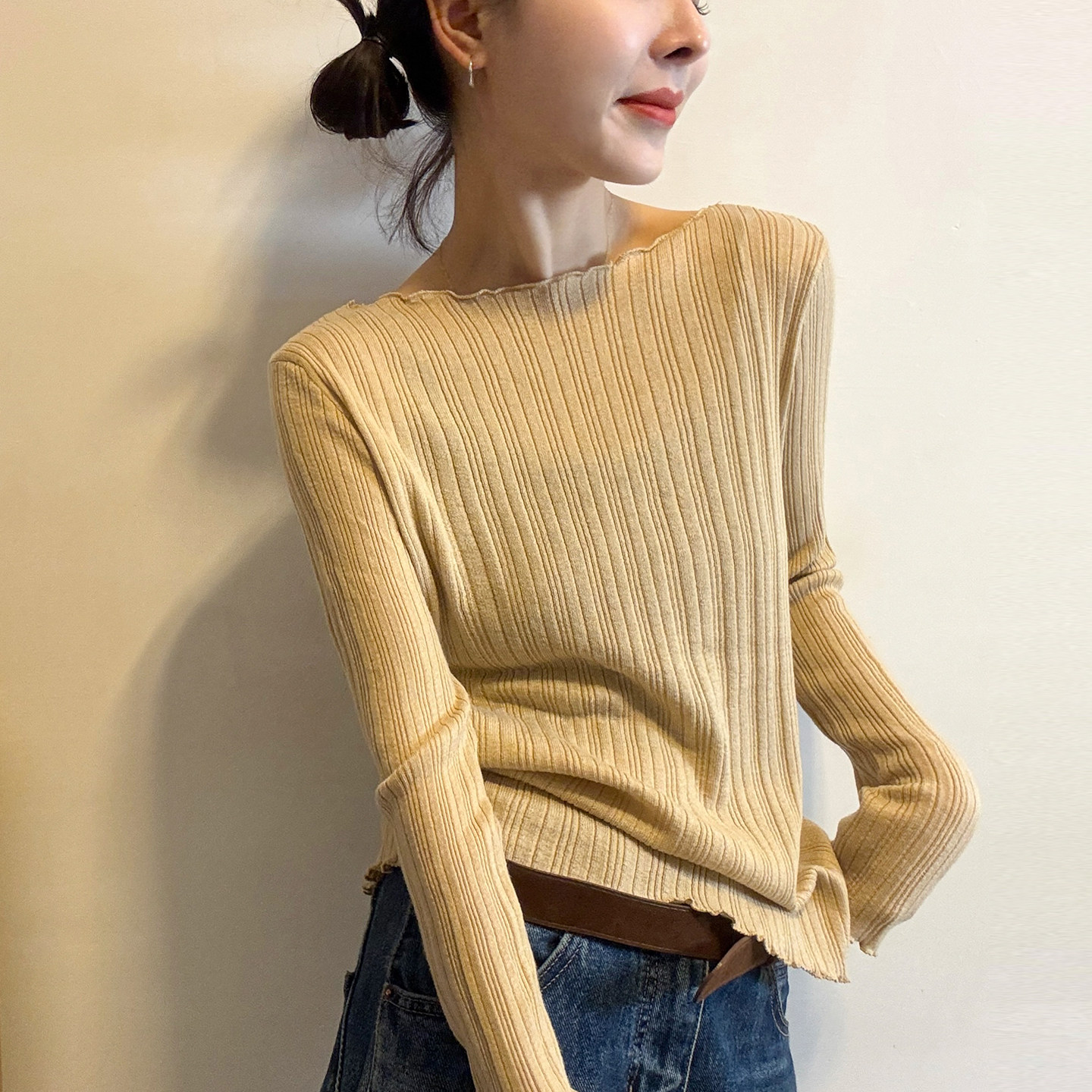 木耳边细羊毛针织衫女欧洲站小衫