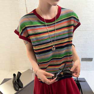 洋气上衣潮 彩虹条纹亚麻冰丝针织衫 女欧洲站2025夏装 新款 欧货女装