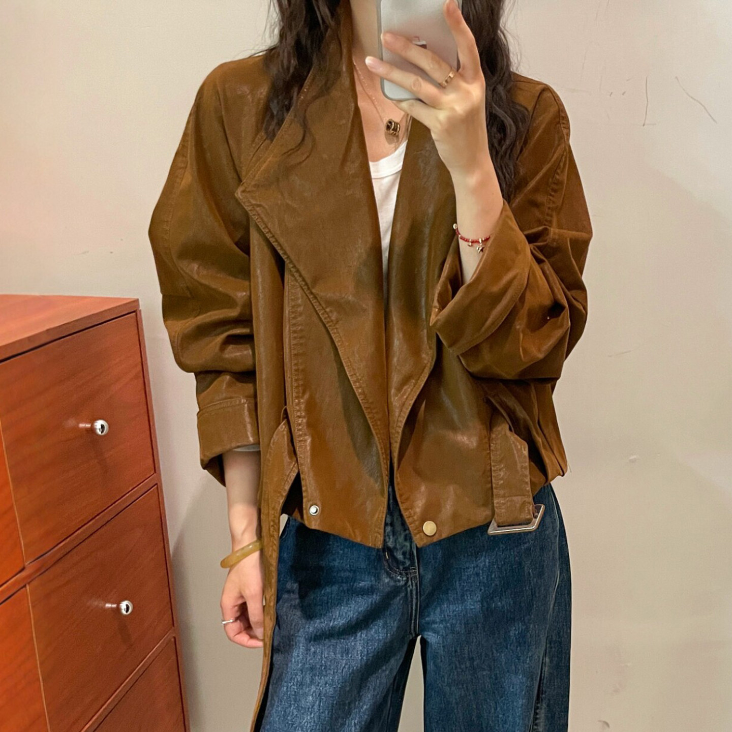复古翻领蛋白皮PU皮衣外套女欧货