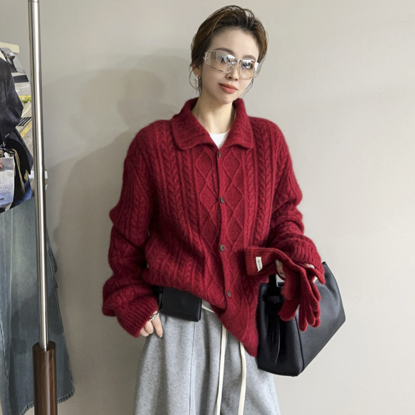 复古翻领麻花纹羊毛针织开衫女欧洲站2025冬装新款欧货女装毛衣潮,女装/女士精品,毛针织衫,淘宝优惠券,粉丝福利购,淘宝优惠卷