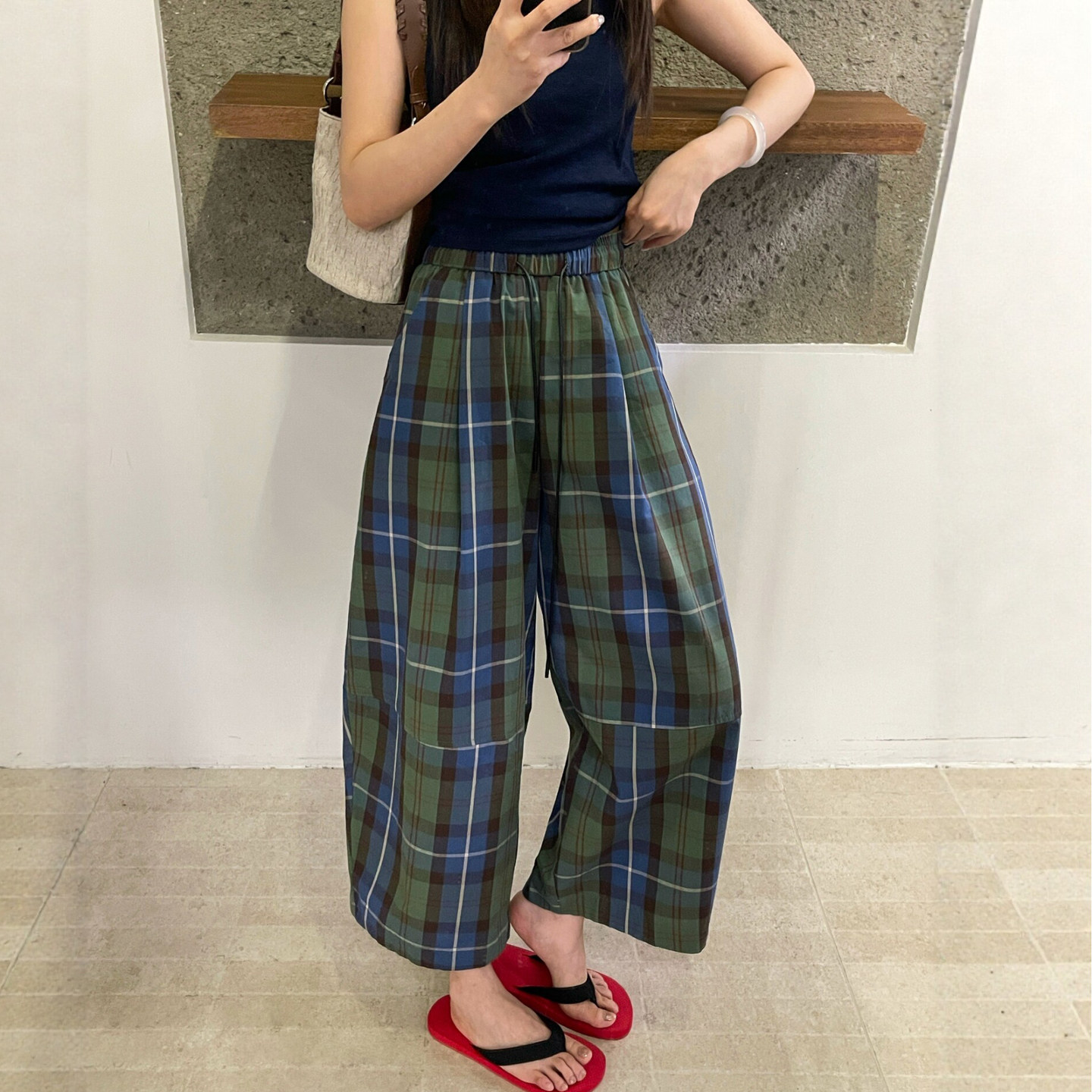 撞色格子九分气球阔腿裤女欧洲站