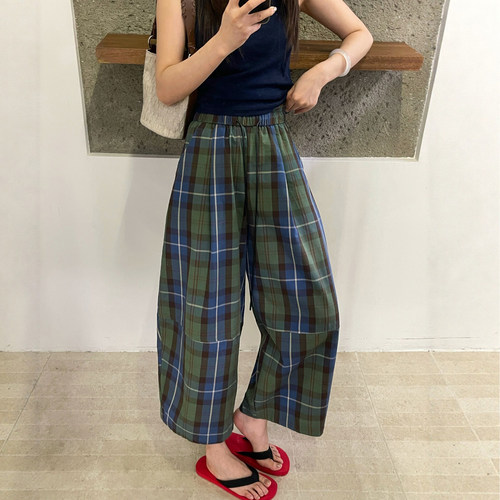撞色格子九分气球阔腿裤女欧洲站