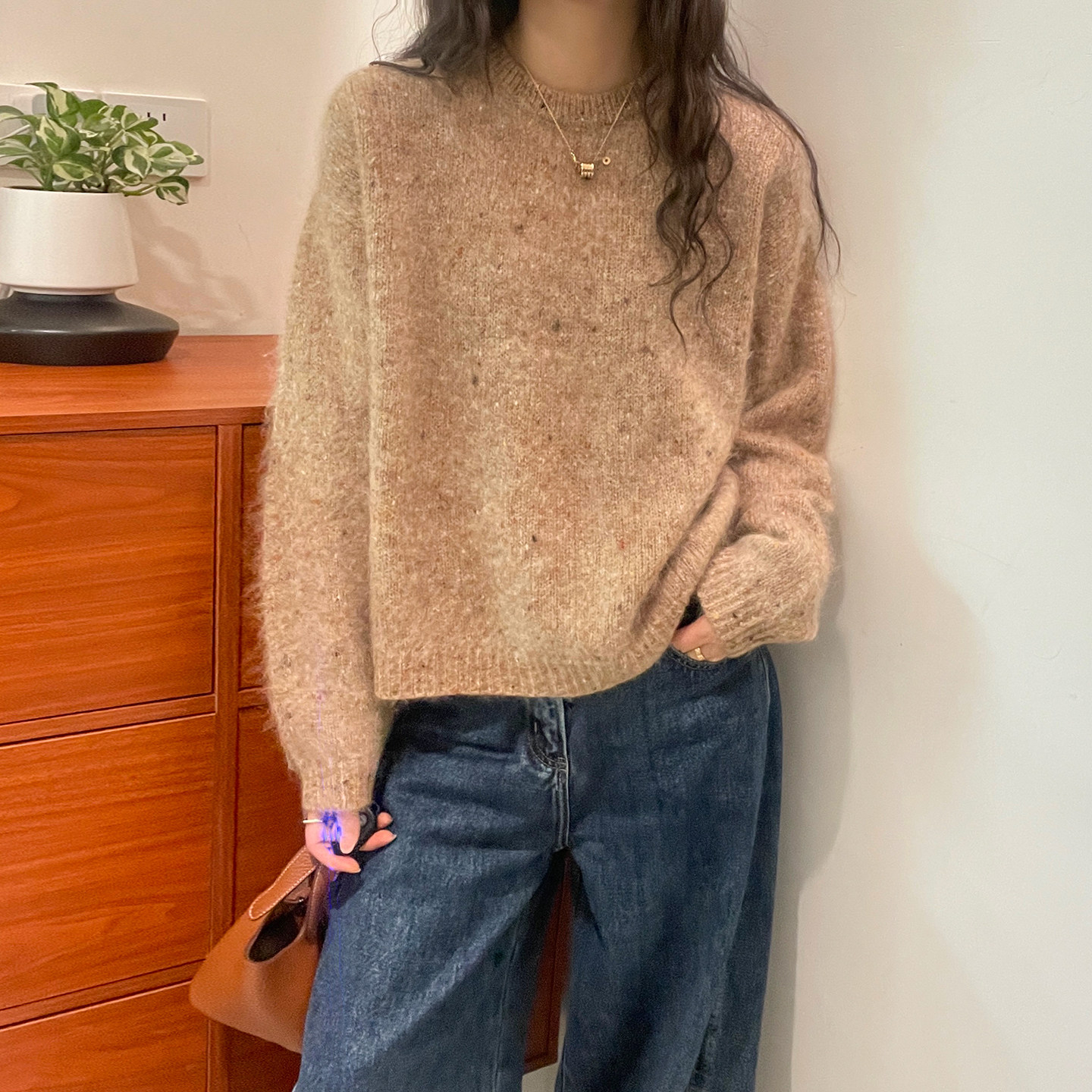 复古杂线拉毛羊绒针织衫女欧洲站